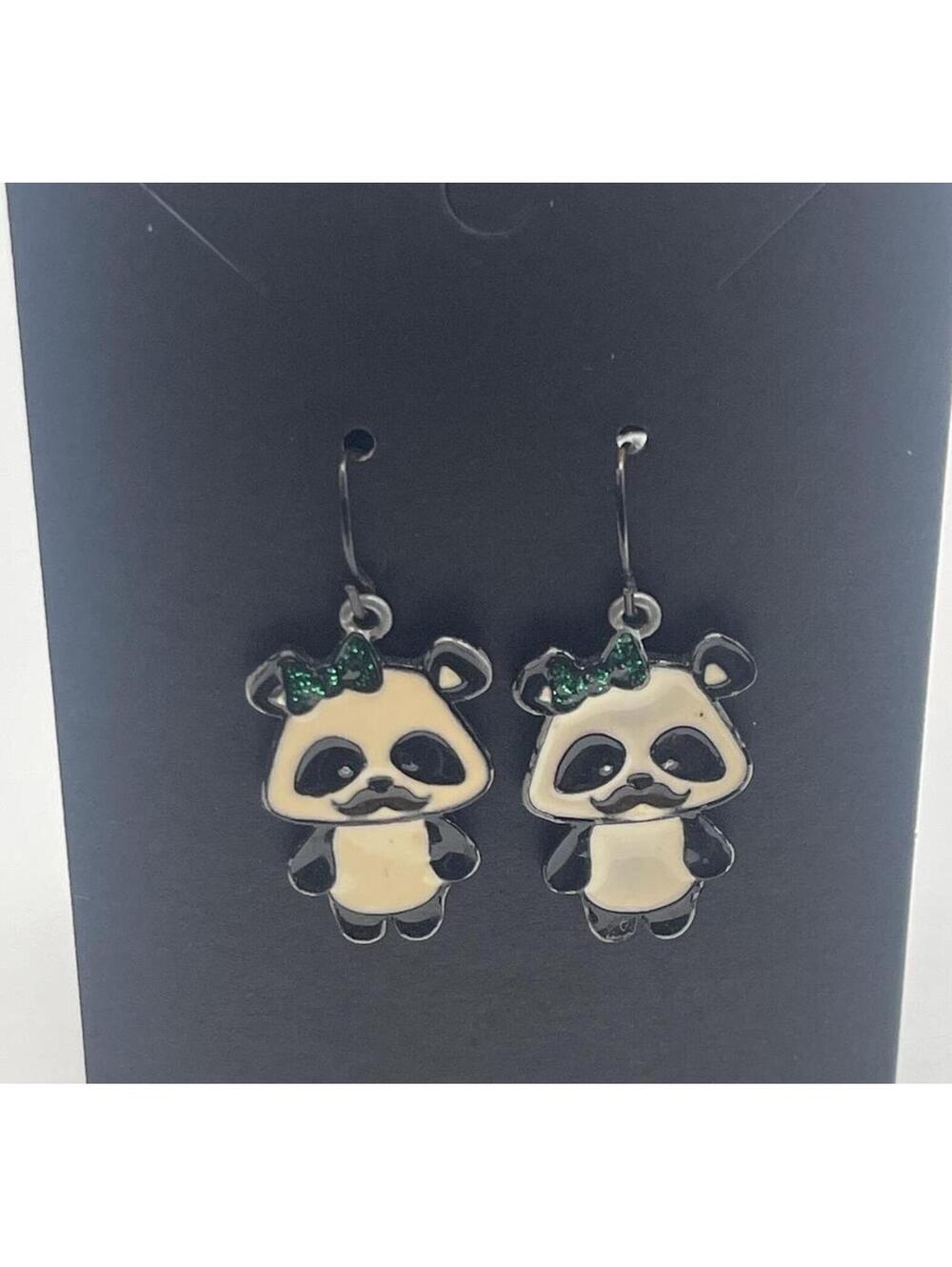 Cute Panda Dangle Earrings with Green Bow